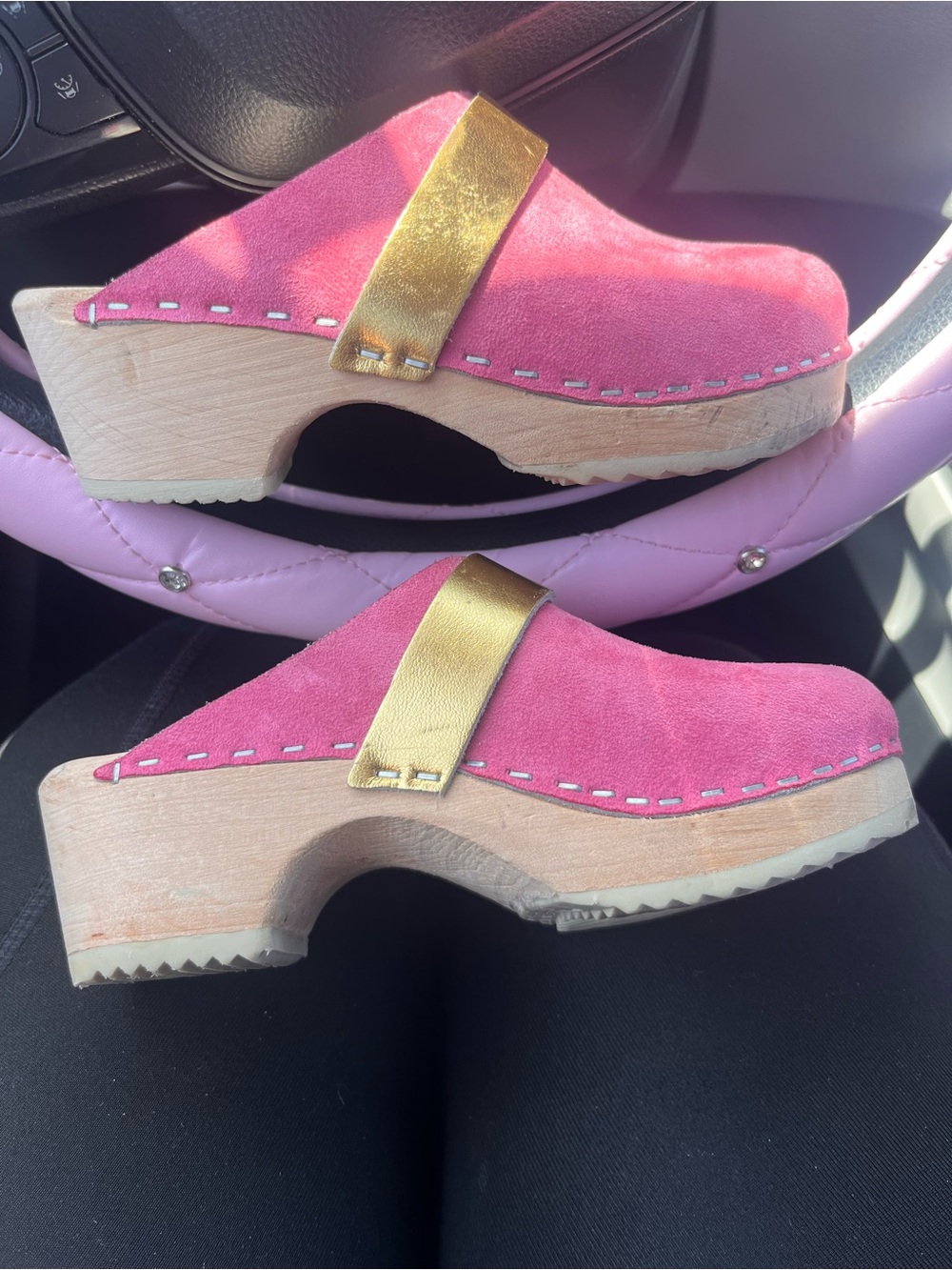 Kids Pink Suede Clog with Gold Strap - Comfort Slip-On Mule